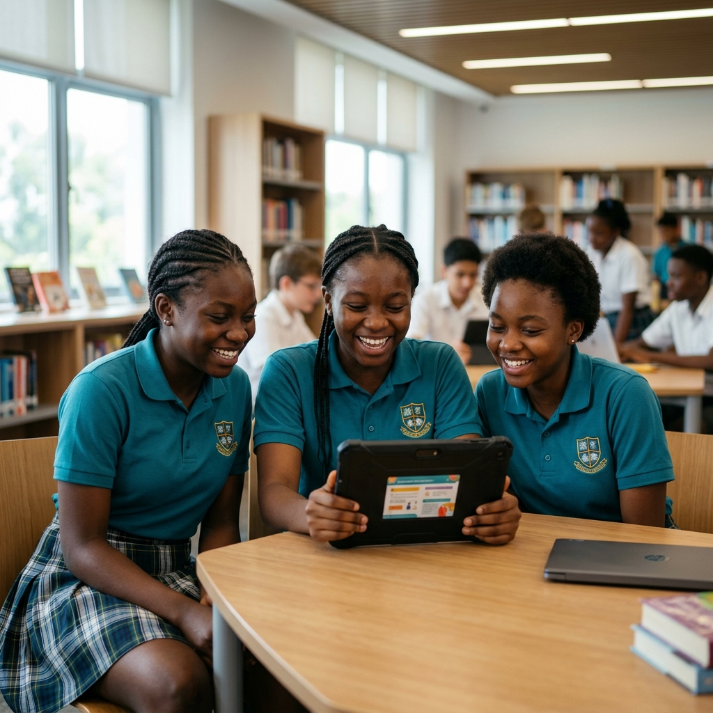 Nigerian students using LaikiEdu platform on a tablet in a classroom