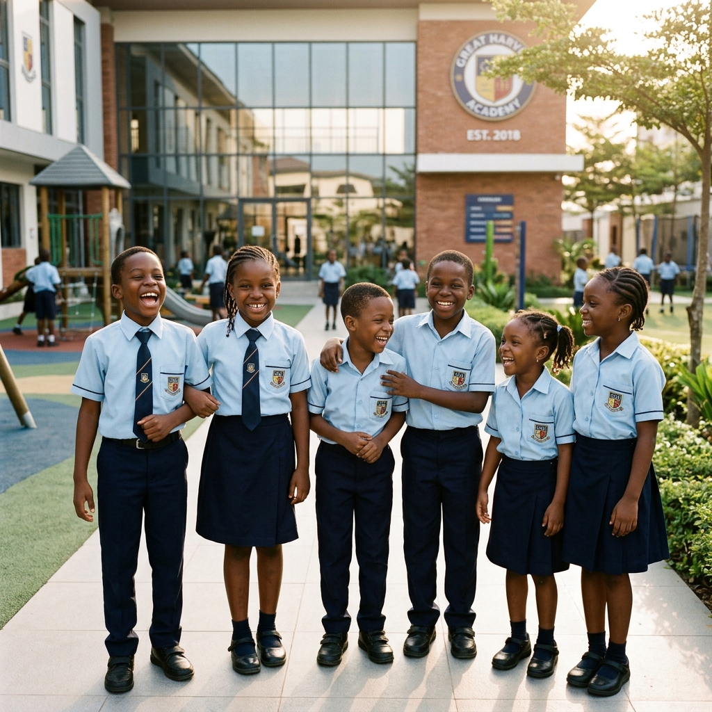 Happy Nigerian primary school students celebrating their academic results